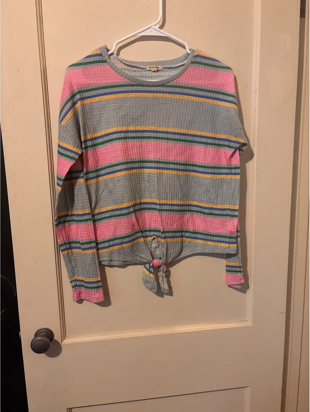 Urbanology Women's Long Sleeve Waffle Knit Tie Front Striped Top Size Small